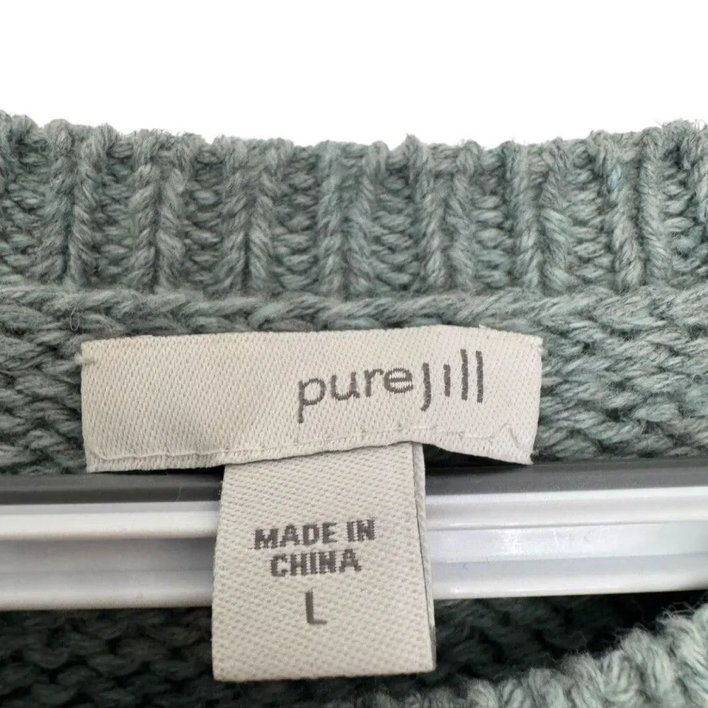 Pure Jill LARGE Wool Cotton Blend Textured Sweater Blue Pocket Pullover Cozy